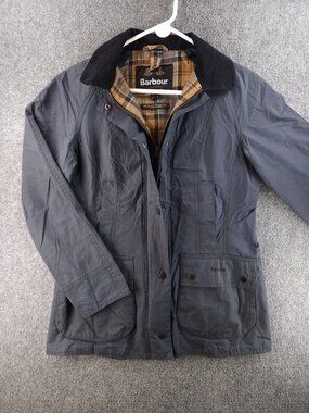 Barbour BEADNELL Wax Jacket Women Blue Size 4 Tartan Lined Collared Corduroy